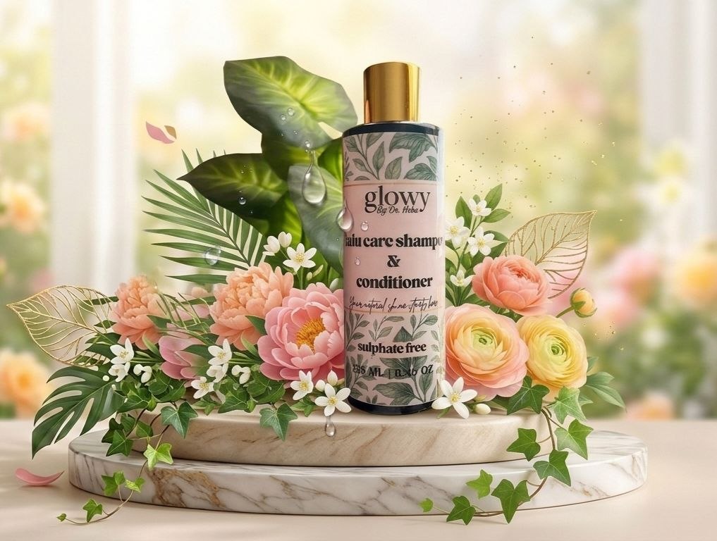 Glowy skincare shampoo and conditioner bottle